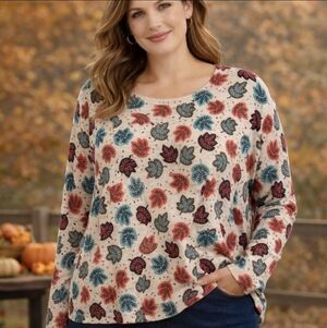 Talbots Women's 3X Leaf Print Top Long Sleeve Fall Lightweight Knit Plus Size 3X